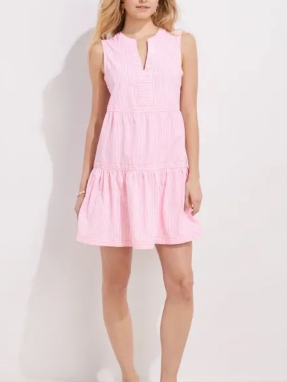 Vineyard Vines Light Pink Sleeveless Tiered Seersucker Dress